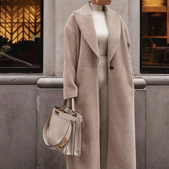 Khaki Casual Women's Tweed Plush Long Sleeved Lapel Coat - Picture 2 of 3